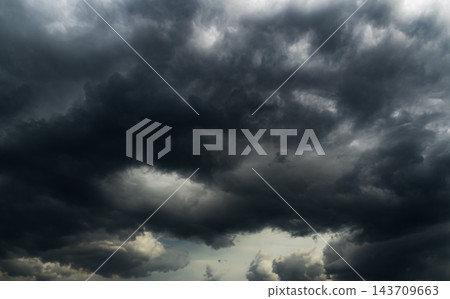 Cloud storm sky dark halloween background rain lightning thunder stoumy typhoon Nature light scene rainy atmosphere damage effect carbon dioxide dust air pollution 2.5 Pm, texture nature windstorm. 143709663