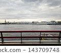Industrial Port Area and Waterfront Skyline Across Osaka Bay Viewed Behind Red Metal Railing in Izumiotsu, Osaka, Japan. 143709748