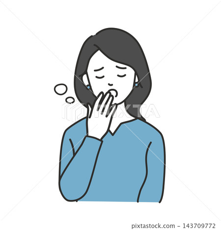 An illustration of a woman in her 30s covering her mouth with her hand and yawning, struggling with sleepiness. An illustration of a woman in her 30s covering her mouth with her hand and yawning, struggling with sleepiness. 143709772