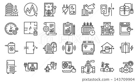 Energy Saving Smart Building Mechanical Equipment Line Icon Set Energy Saving Smart Building Mechanical Equipment Line Icon Set 143709904