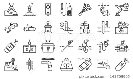 Oceanography Marine Exploration Equipment Line Icon Set Oceanography Marine Exploration Equipment Line Icon Set 143709905