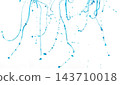 Fresh blue water droplet drop down splashing. Transparent Paint pour leaking to mid air. Fresh water color leak spill. White background isolated high speed shutter freeze, Photograph 143710018