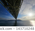 Underside View of Akashi Kaikyo Bridge Steel Structure Spanning Across Akashi Strait Toward Awaji Island in Kobe, Japan. 143710248