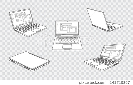 Modern isometric laptop outline vector icon with editable stroke. Minimal line art illustration isolated on white and gray grid background. Perfect for web, mobile apps, UI, technology, business. Modern isometric laptop outline vector icon with editable stroke. Minimal line art illustration isolated on white and gray grid background. Perfect for web, mobile apps, UI, technology, business. 143710267