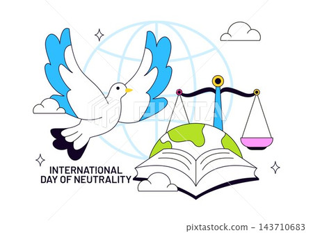 International Day of Neutrality Vector Illustration Featuring a Dove of Peace, Justice Scales, Open Book, Global Harmony, and Diplomacy 143710683