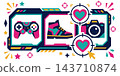 Vibrant cyber monday shopping concept featuring digital icons of gaming controllers boots and cameras for online retail sales 143710874