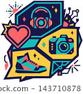 Colorful cyber monday shopping illustration featuring various consumer goods like headphones camera and sneakers for online retail sales 143710878