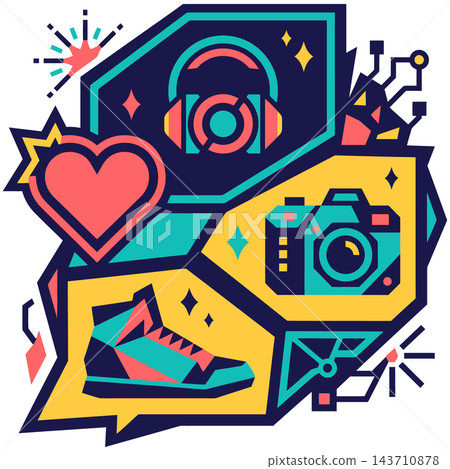 Colorful cyber monday shopping illustration featuring various consumer goods like headphones camera and sneakers for online retail sales Colorful cyber monday shopping illustration featuring various consumer goods like headphones camera and sneakers for online retail sales 143710878
