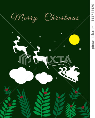 Merry Christmas and Happy New Year, Santa Claus drives sleigh with reindeer on the starry sky, flat cartoon style, vector illustration. Merry Christmas and Happy New Year, Santa Claus drives sleigh with reindeer on the starry sky, flat cartoon style, vector illustration. 143711420