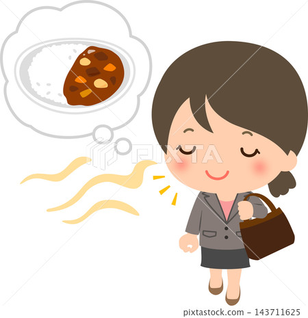 一位身穿西裝的女士外出時聞到了咖哩味。 一位身穿西裝的女士外出時聞到了咖哩味。 143711625
