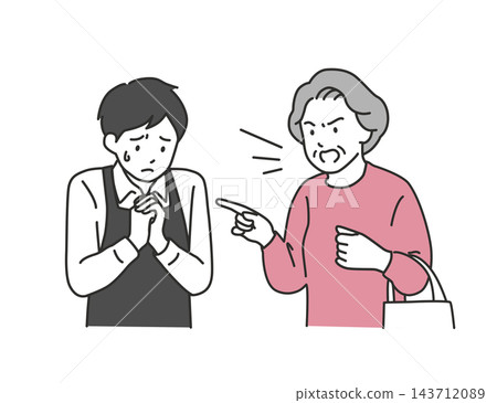 An illustration of a female customer yelling unreasonable insults and a male employee cowering in fear of customer harassment. An illustration of a female customer yelling unreasonable insults and a male employee cowering in fear of customer harassment. 143712089