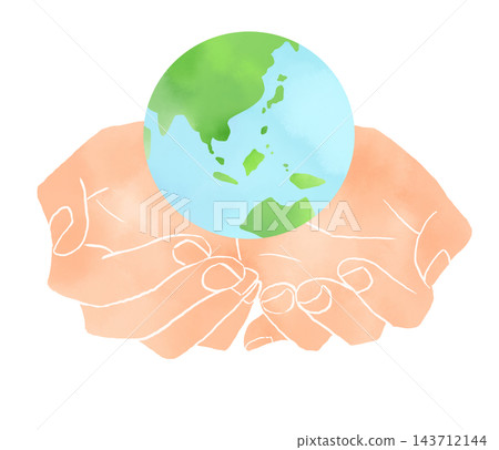 Watercolor-style illustration of a figure embracing the Earth with both hands. Watercolor-style illustration of a figure embracing the Earth with both hands. 143712144