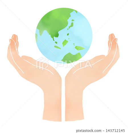Watercolor-style illustration of a person holding the Earth with both hands. 143712145