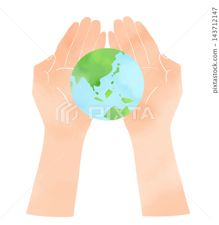 Watercolor-style illustration of a hand holding the Earth from a top-down perspective. 143712147