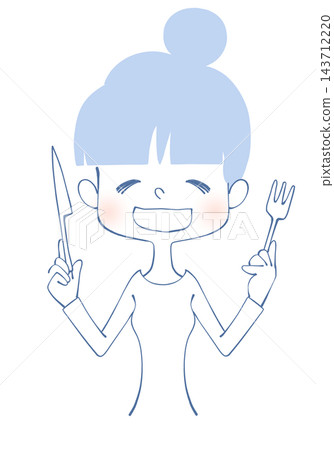 Illustration of a woman holding a knife and fork Illustration of a woman holding a knife and fork 143712220