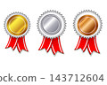 3D realistic bronze, silver and golden awards with laurel wreath on dark background. First, second and third place blank medals 143712604
