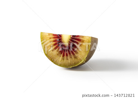 Single slice of red kiwi fruit isolated on a white background, showcasing the vibrant red center and yellow-green flesh Single slice of red kiwi fruit isolated on a white background, showcasing the vibrant red center and yellow-green flesh 143712821