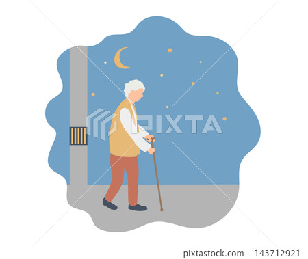 Illustration of an elderly person wandering around at night Illustration of an elderly person wandering around at night 143712921