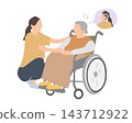 An illustration of an elderly woman with dementia who doesn't recognize her family members. 143712922