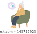 An illustration of an elderly woman struggling with forgetting to take her medication. 143712923