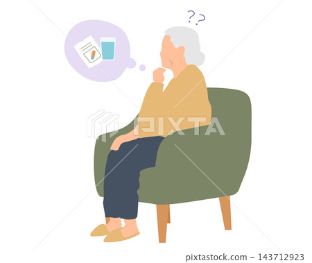 An illustration of an elderly woman struggling with forgetting to take her medication. 143712923