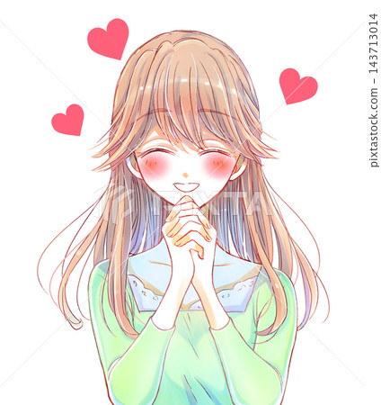 A woman with a gentle demeanor, hands clasped together, love, smiling, heart symbol A woman with a gentle demeanor, hands clasped together, love, smiling, heart symbol 143713014