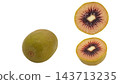 Whole and cut cross-section of a red kiwi, macro photography with transparent background. 143713235