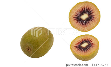 Whole and cut cross-section of a red kiwi, macro photography with transparent background. Whole and cut cross-section of a red kiwi, macro photography with transparent background. 143713235