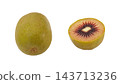 Whole and cut cross-section of a red kiwi, macro photography with transparent background. 143713236