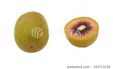 Whole and cut cross-section of a red kiwi, macro photography with transparent background. 143713236