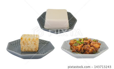Set of 3 Tofu Dishes: Cold Tofu, Deep-fried Tofu, and Mapo Tofu. Transparent background, macro photography. Set of 3 Tofu Dishes: Cold Tofu, Deep-fried Tofu, and Mapo Tofu. Transparent background, macro photography. 143713243