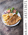 Crispy Fried Fish Fillet with French Fries and Fresh Vegetable Salad 143713671