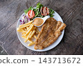 Crispy Fried Fish Fillet with French Fries and Fresh Vegetable Salad 143713672