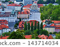 The old town with its red roofs overlooking the square amidst the green trees. 143714034