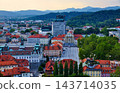 The townscape with its red roofs and the surrounding mountains overlook the tree-lined streets and square. 143714035