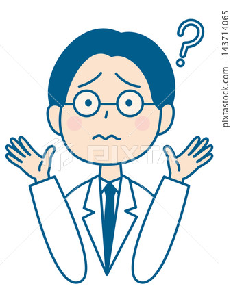 A man in a white coat raises both hands with a troubled expression. A man in a white coat raises both hands with a troubled expression. 143714065