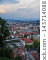 A vertical view of the market stalls and the red-roofed town. 143714088