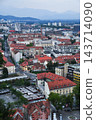 A street and a cluster of buildings with red roofs viewed from above in a vertical orientation. 143714090