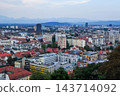 The cityscape and distant mountains viewed through the trees. 143714092