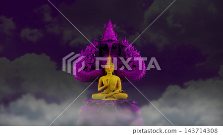gold buddha protected by the hood of the dark magenta mythical king naga with night sky gray cloud 143714308