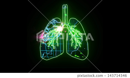 global and particle green hydrogen flying inside lung green digital animation and blood vessel with pink energy 143714346