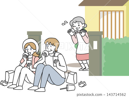 Tourists eating and drinking in front of private homes Tourists eating and drinking in front of private homes 143714562