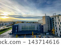 Urban sunset view, Modern campus with golden sunset illumination 143714616