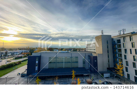 Urban sunset view, Modern campus with golden sunset illumination 143714616