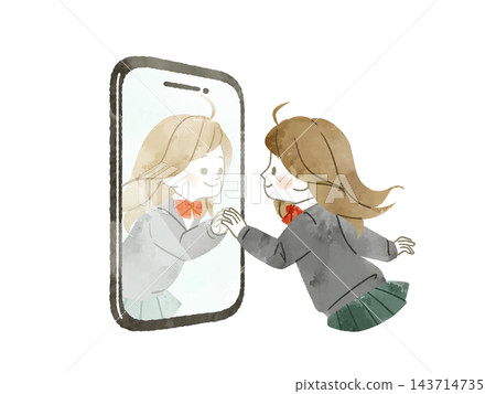 A female student faces her reflection on her smartphone, hands clasped together - watercolor. A female student faces her reflection on her smartphone, hands clasped together - watercolor. 143714735