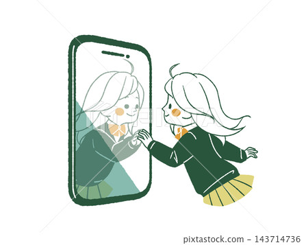 A female student faces her reflection on her smartphone, hands clasped together - 4 colors 143714736