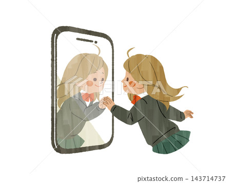A female student faces her reflection on her smartphone, clasping her hands together - Gash 143714737
