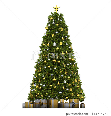 Christmas tree with decorations, isolate on a transparent background, 3d illustration, cg render Christmas tree with decorations, isolate on a transparent background, 3d illustration, cg render 143714739