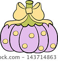 Cute polka dot pastel purple pumpkin with yellow bow, Halloween element 143714863