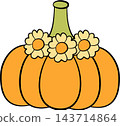 Cute pastel orange pumpkin decorated with a floral flower crown, autumn element 143714864